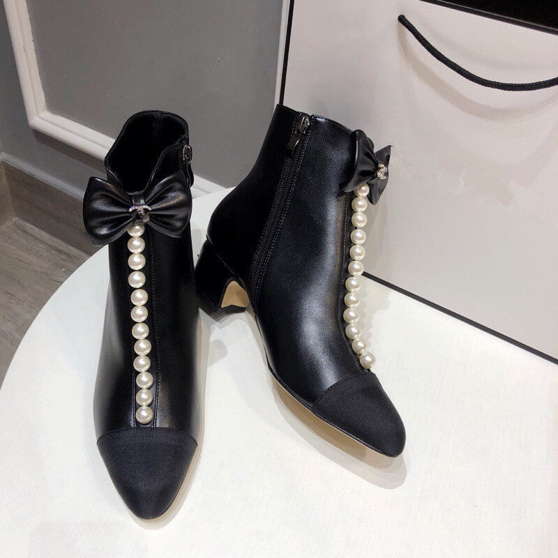 Thick Heel Pearl Bow Boots