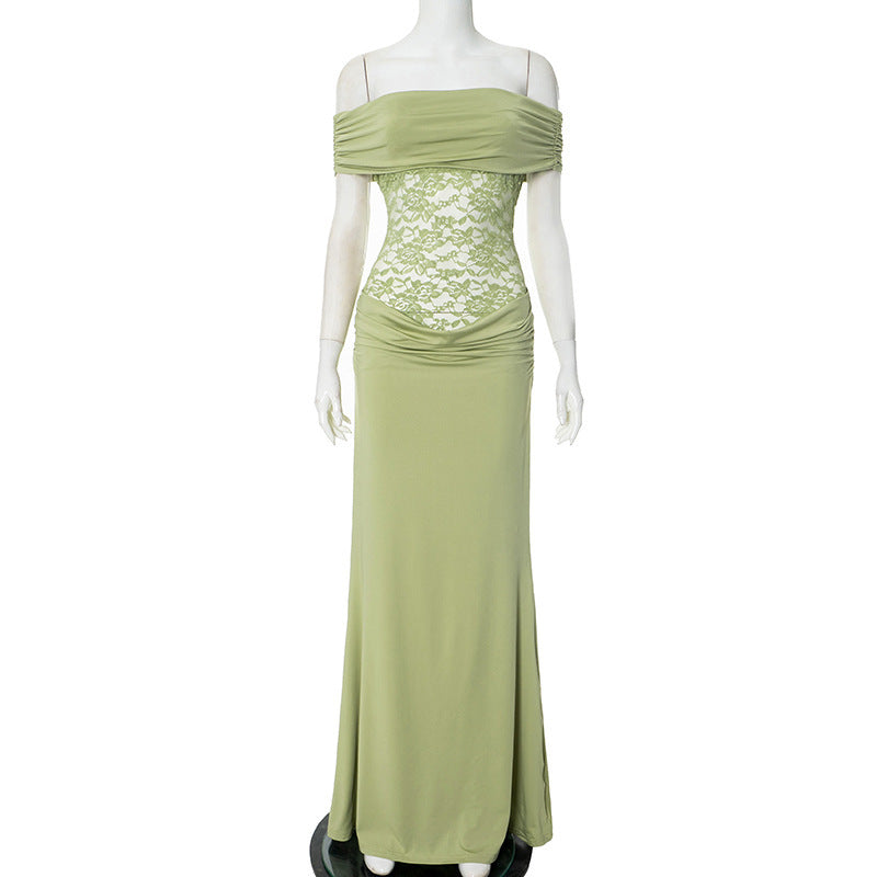 Robe extra longue en dentelle à épaules dénudées de couleur unie