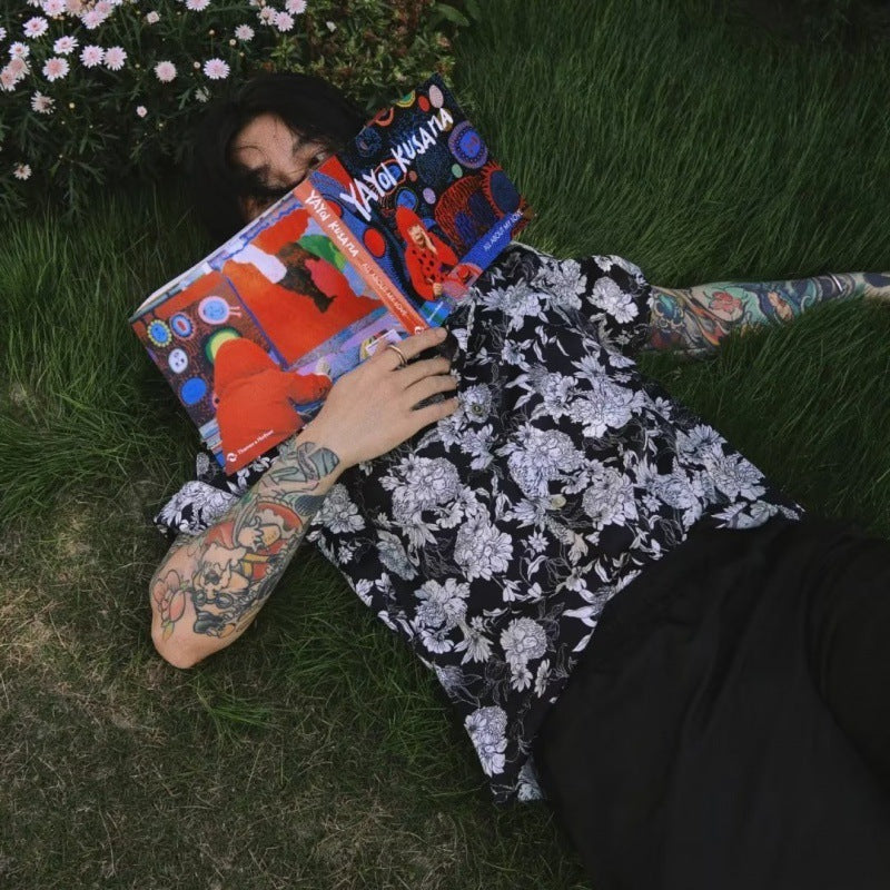 Chemise d'été hawaïenne à manches courtes, motif camélia noir et blanc, nouveau modèle.