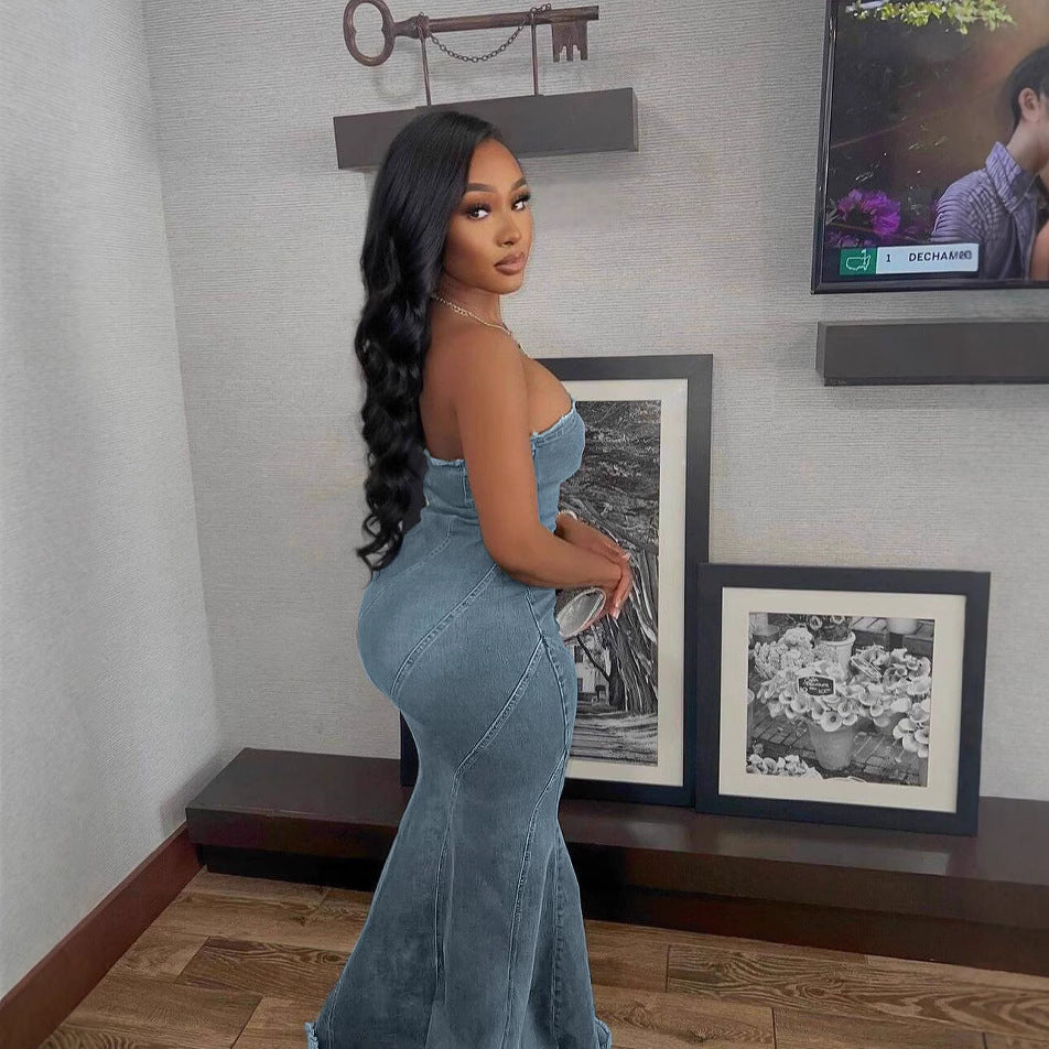 Fashion Slim-fit Chest Wrap Dress Fishtail Hip Wrap Denim Dress