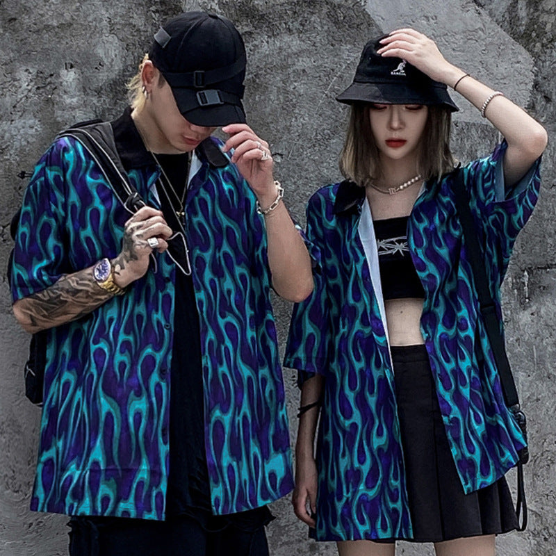 Flame Full Print Lapel Short Sleeve Shirt