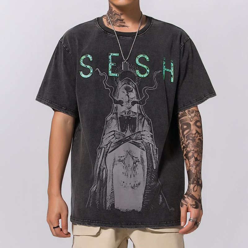 Distressed Retro Net Red T-Shirt Short Sleeve