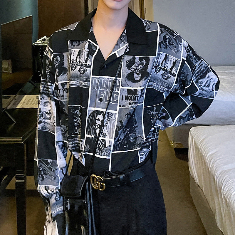 Full Print Comic Retro Flower Shirt Long Sleeve Casual