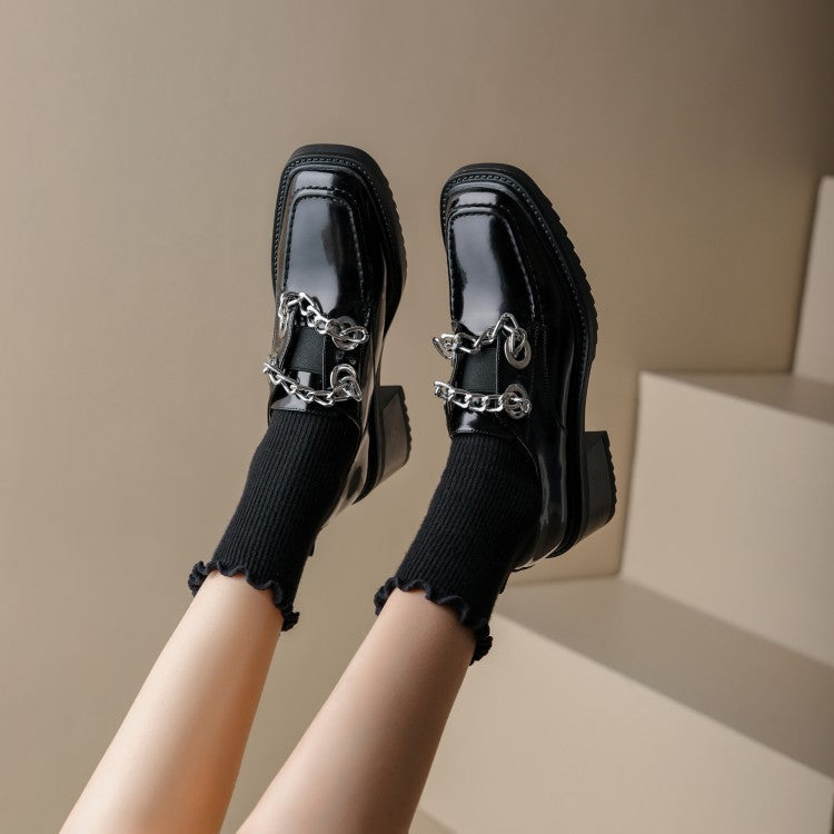 Leather Deep Cut Metal Chain Patent Leather Business Shoes