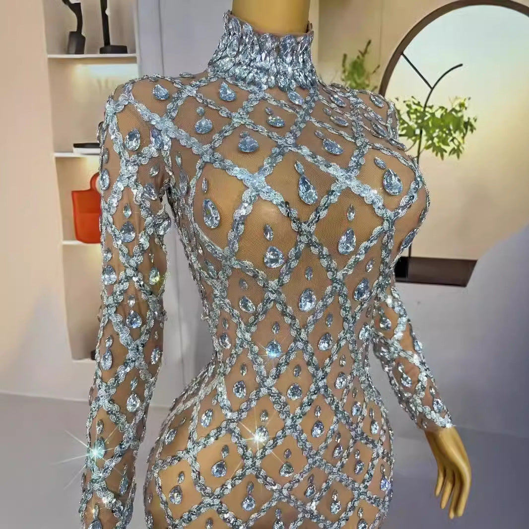 Luxury Beautiful Shining Rhinestone Sexy See-through Mesh Long Dress