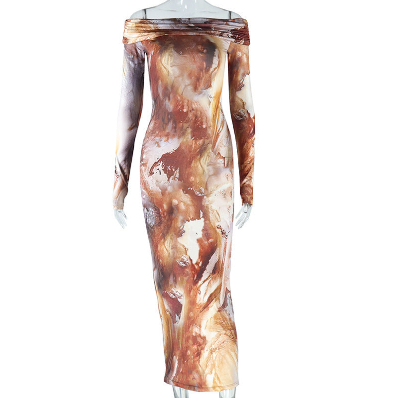 Vintage Fashion Print Off-shoulder Long Sleeve One Step Dress