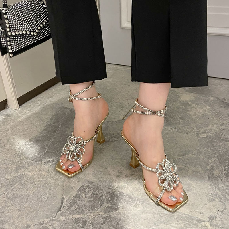 Rhinestone Flower Strap Square Toe High Heels Thick