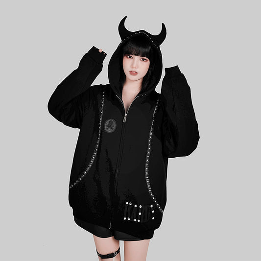 Homemade Punk Rivet Decoration Big Devil Horn Hood