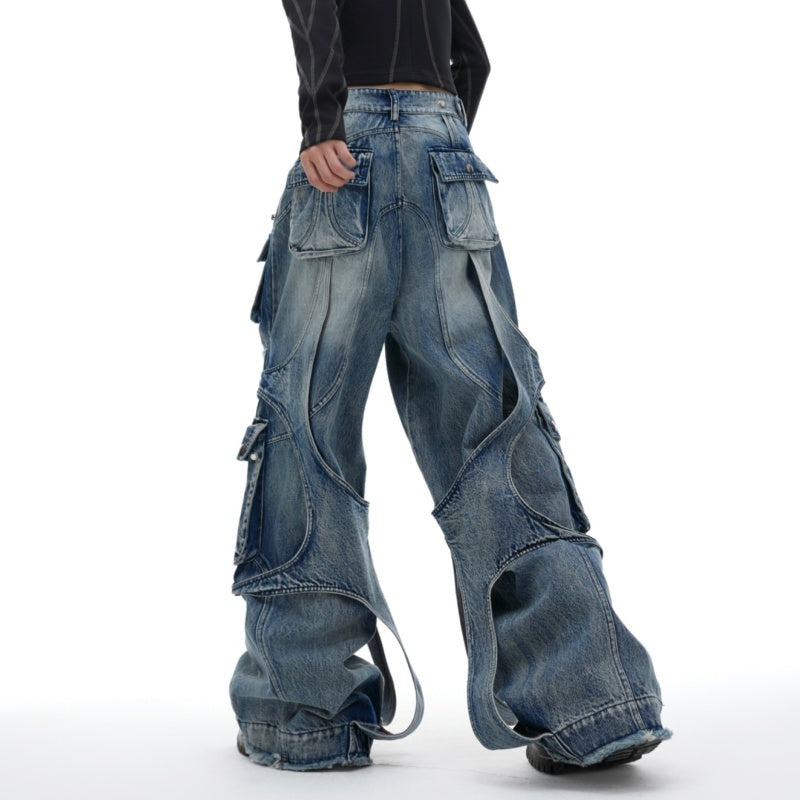 Worn Looking Washed-out Wide Leg Jeans Ribbon Winding Loose Multi-pocket