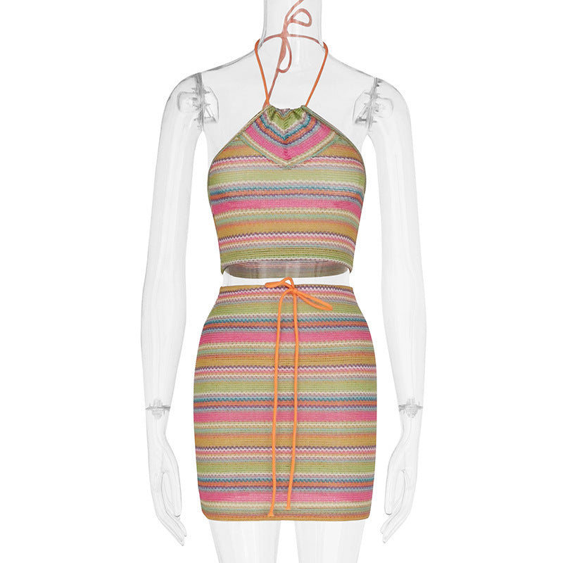 Fashion Casual Printing Halterneck Vest Hip Skirt Suit