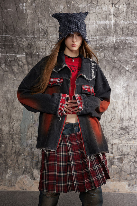 Color Matching Cat Raw-cut Edges Washed And Worn Loose Lapels Coat Fashion