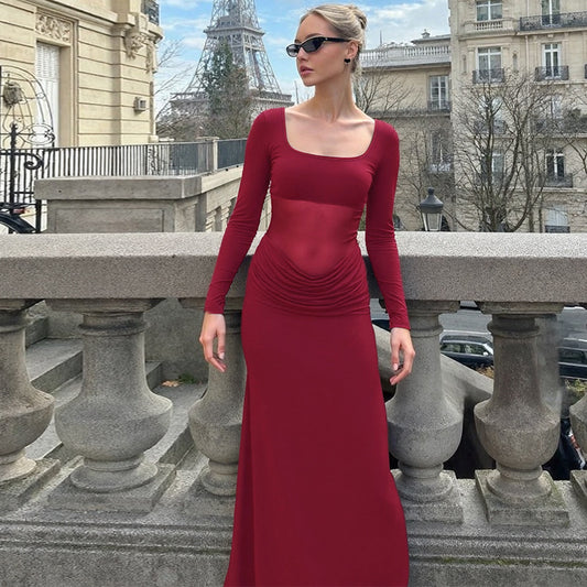 Hot Mesh Stitching Stretch Slim-fit Long-sleeved Dress