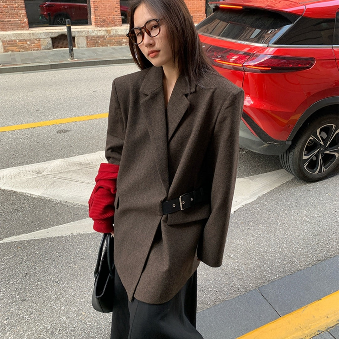 American Style Padded Shoulder Woolen Suit Women's Design Wide Waist-tight Suit Jacket