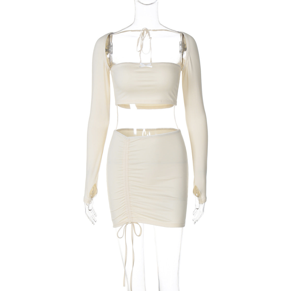 Jupe à manches longues avec cordon de serrage et nœud papillon, tailleur en dentelle européenne et américaine dos nu à manches longues et fermeture à crochet, coupe ajustée