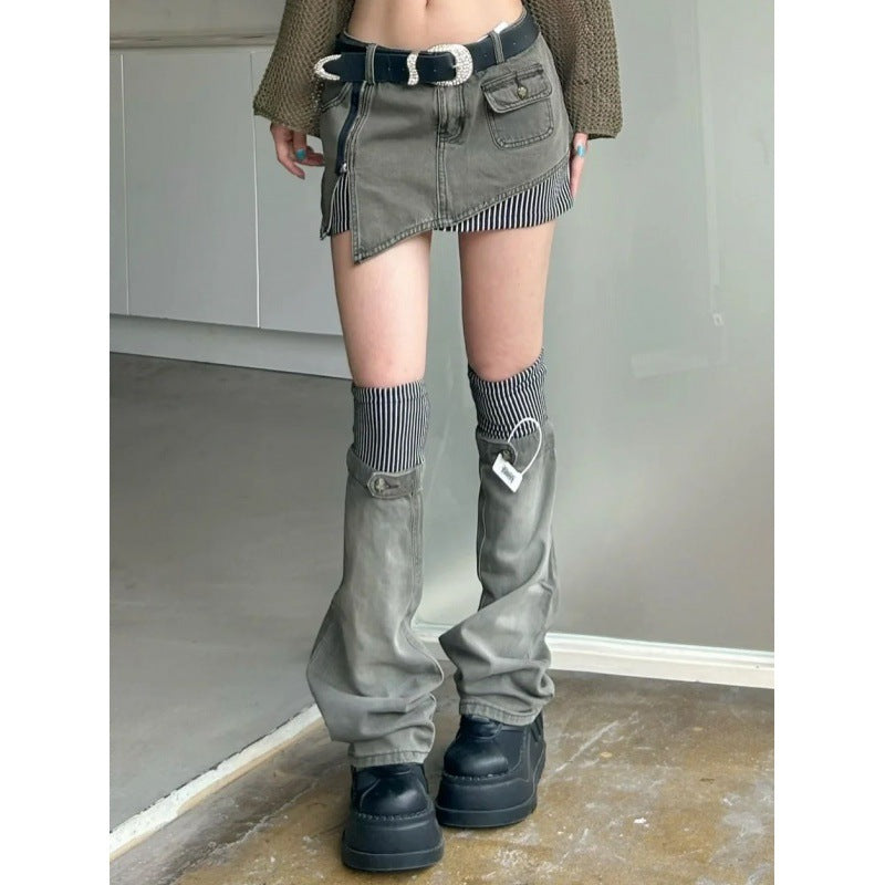 American-style Retro Plus Size Striped Stitching Denim Suit Skirt