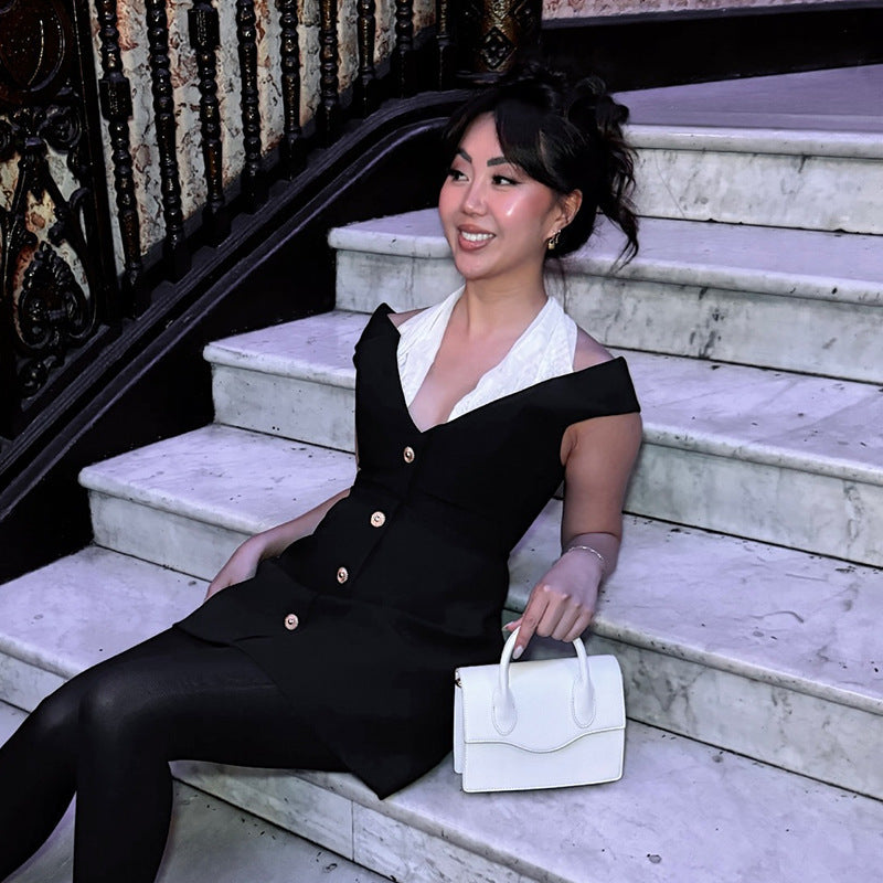 Robe taille haute à col licou et patchwork de couleurs contrastées