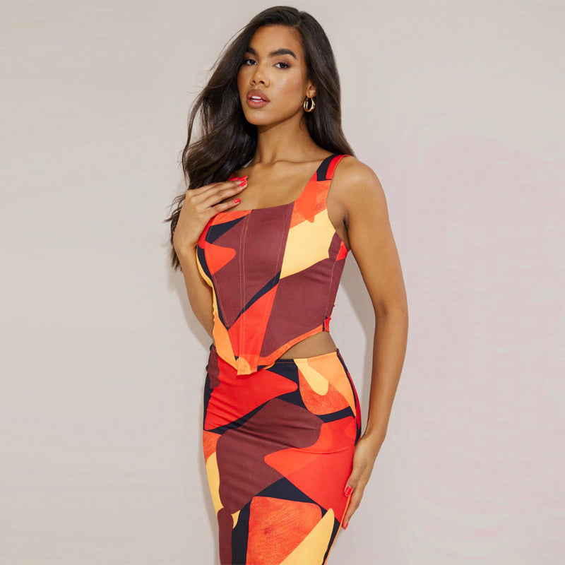 U-neck Vest And Hip Slit Dress Printed