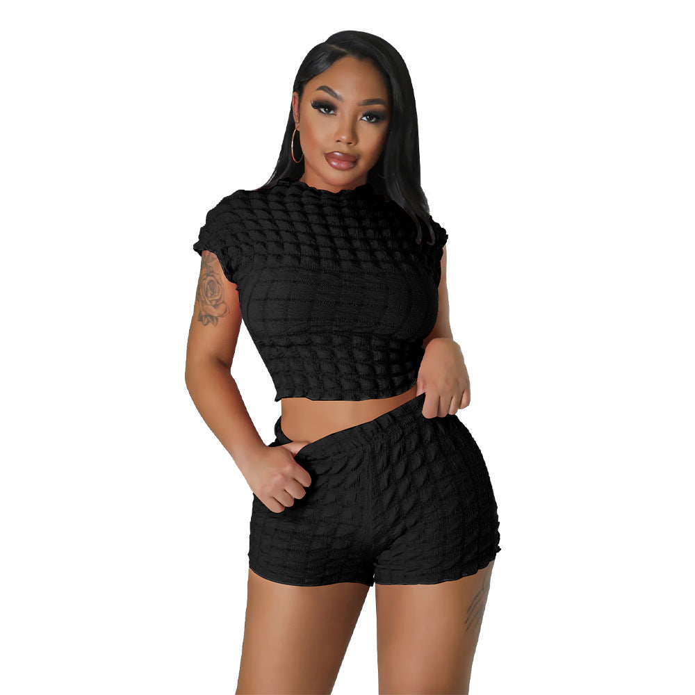 Clothing Hot Sleeveless Midriff-baring Shorts Popcorn Bubble Two-piece Set