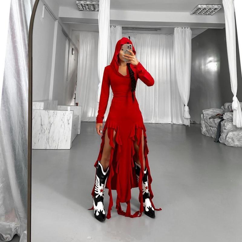 Long Sleeve Hooded Irregular Dress Women