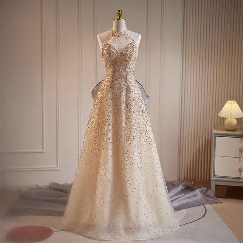 Robe de soirée champagne à pompons