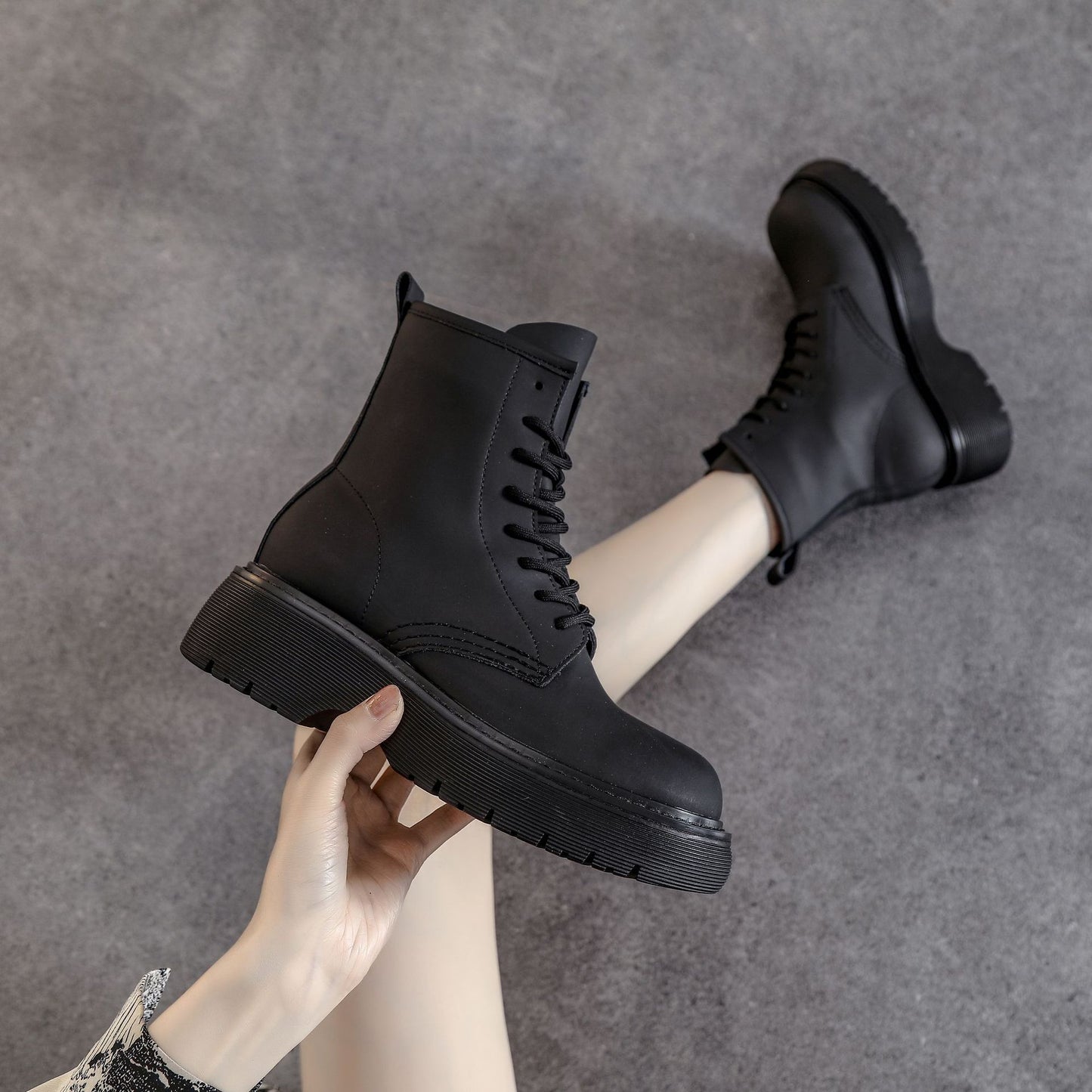 Thick-soled Heightened All-match Cowhide Rose Red Ankle Boots