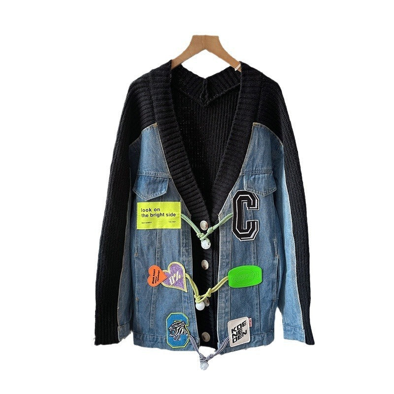 Denim Stitching Sweater Cardigan Loose Knitted Coat
