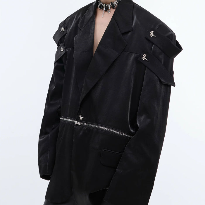 Heavy Niche Liquid Glossy Profile Padded Shoulder Suit Jacket