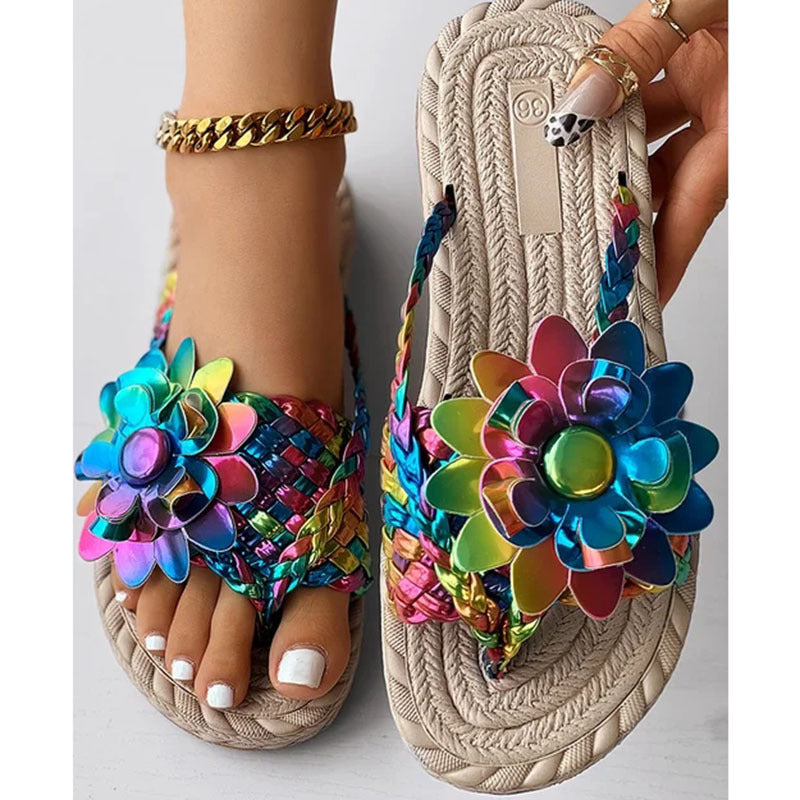 Fashion Casual Shoes Flat Holiday Woven Printed Beach Flip Flops