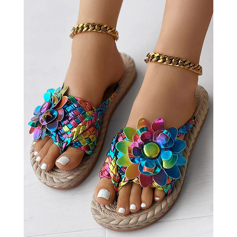 Fashion Casual Shoes Flat Holiday Woven Printed Beach Flip Flops