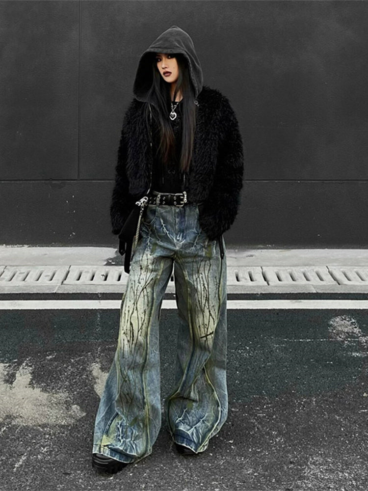 Loose Drooping High Waist Splash-ink Jeans