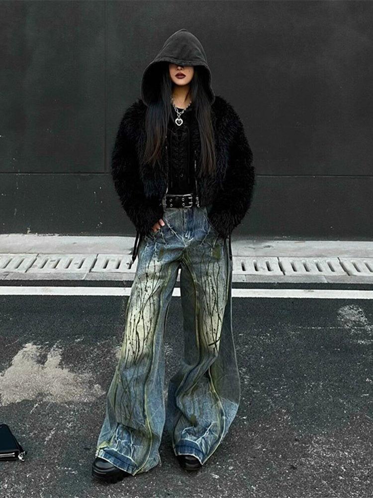 Loose Drooping High Waist Splash-ink Jeans