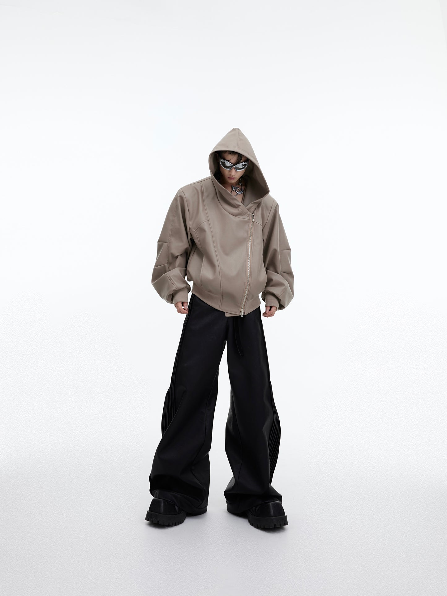 Zipper Hooded PU Leather Coat Loose Machete Sleeve Design Jacket