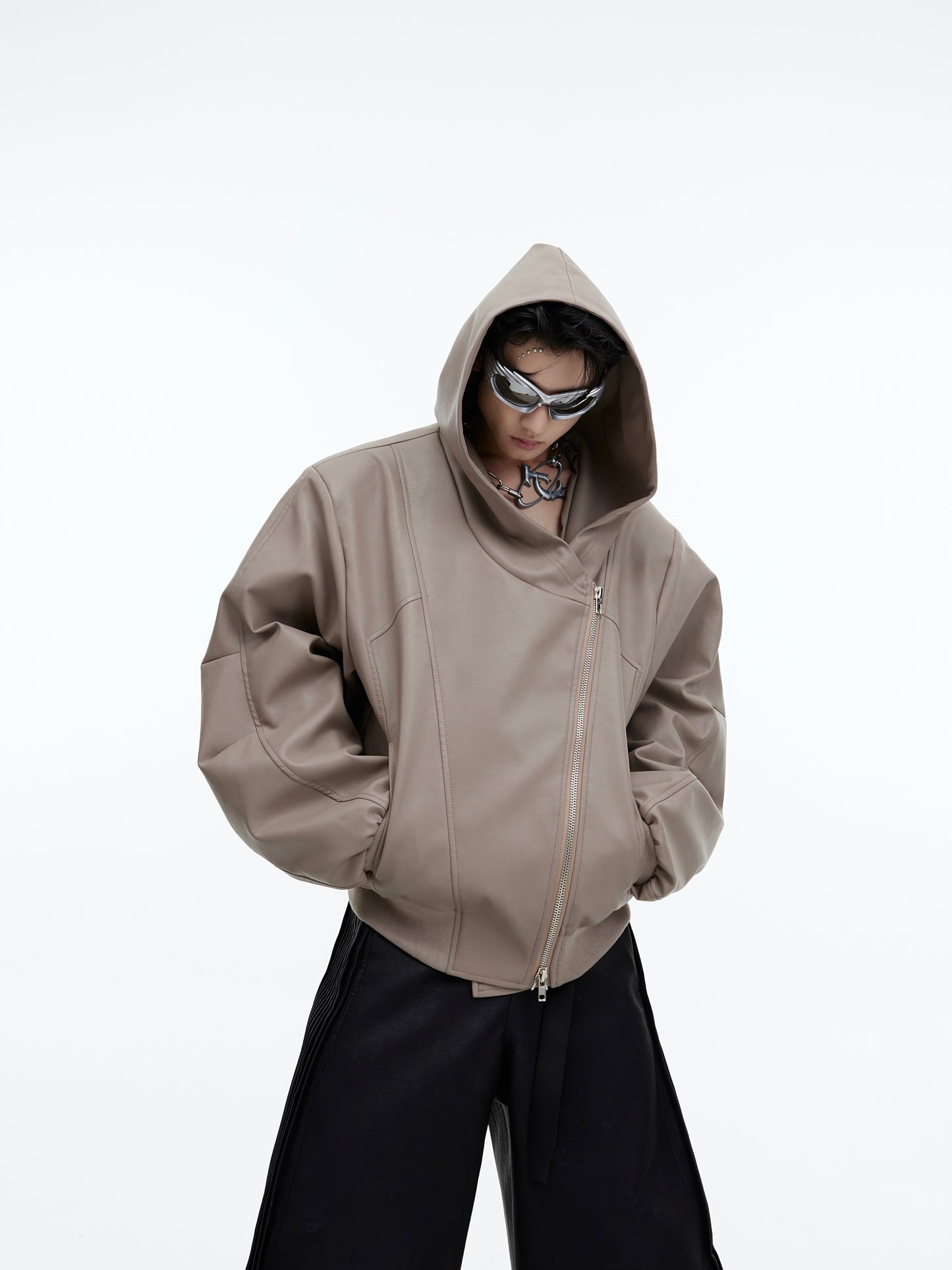 Zipper Hooded PU Leather Coat Loose Machete Sleeve Design Jacket