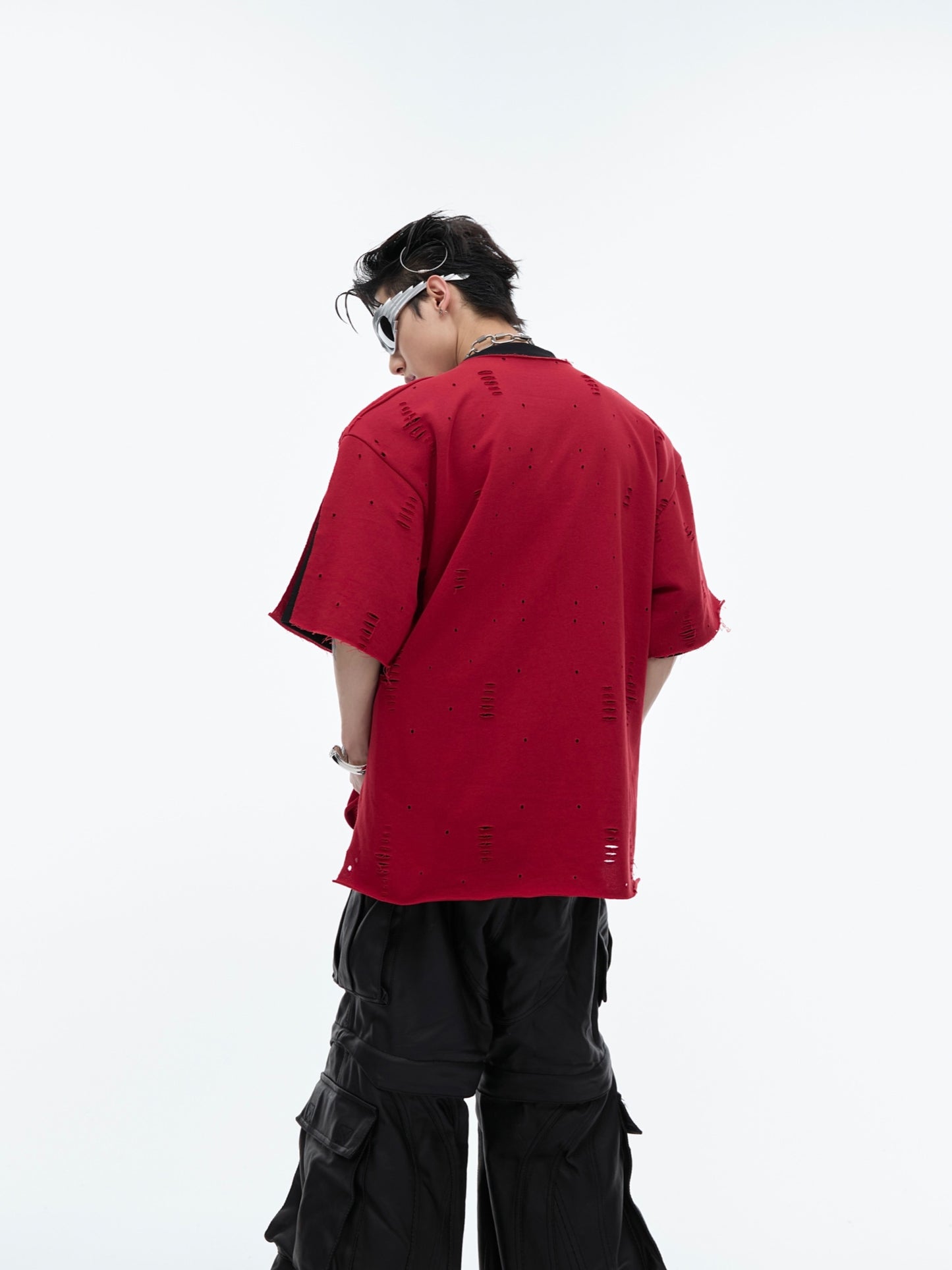 Metal Embellished Distressed Loose Short Sleeve