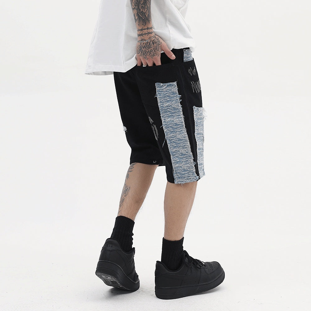 Contrast Panel Embroidered Denim Shorts