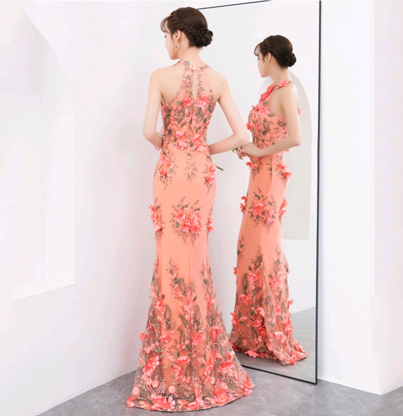 Evening dress long section new summer hanging neck slim fishtail elegant temperament party host dress female