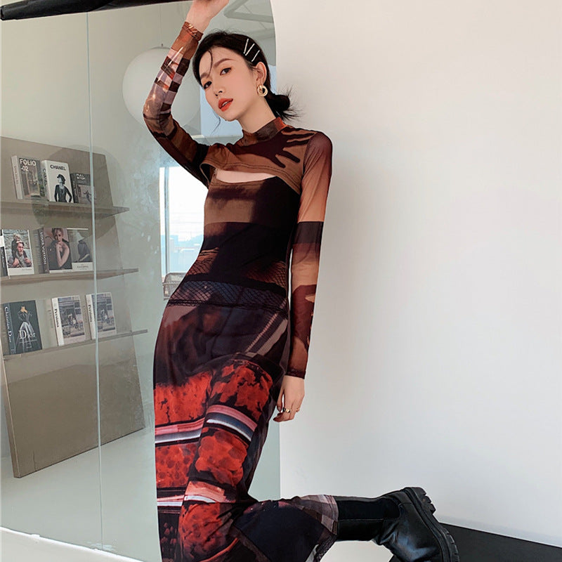 Two-Piece Mesh Long-Sleeved Slim Retro Print Dress