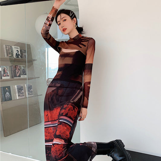 Two-Piece Mesh Long-Sleeved Slim Retro Print Dress