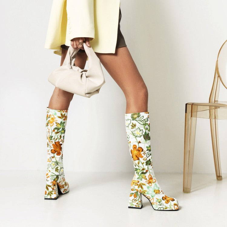 Fashion High Heel Print Square Toe  Knight Boots Women