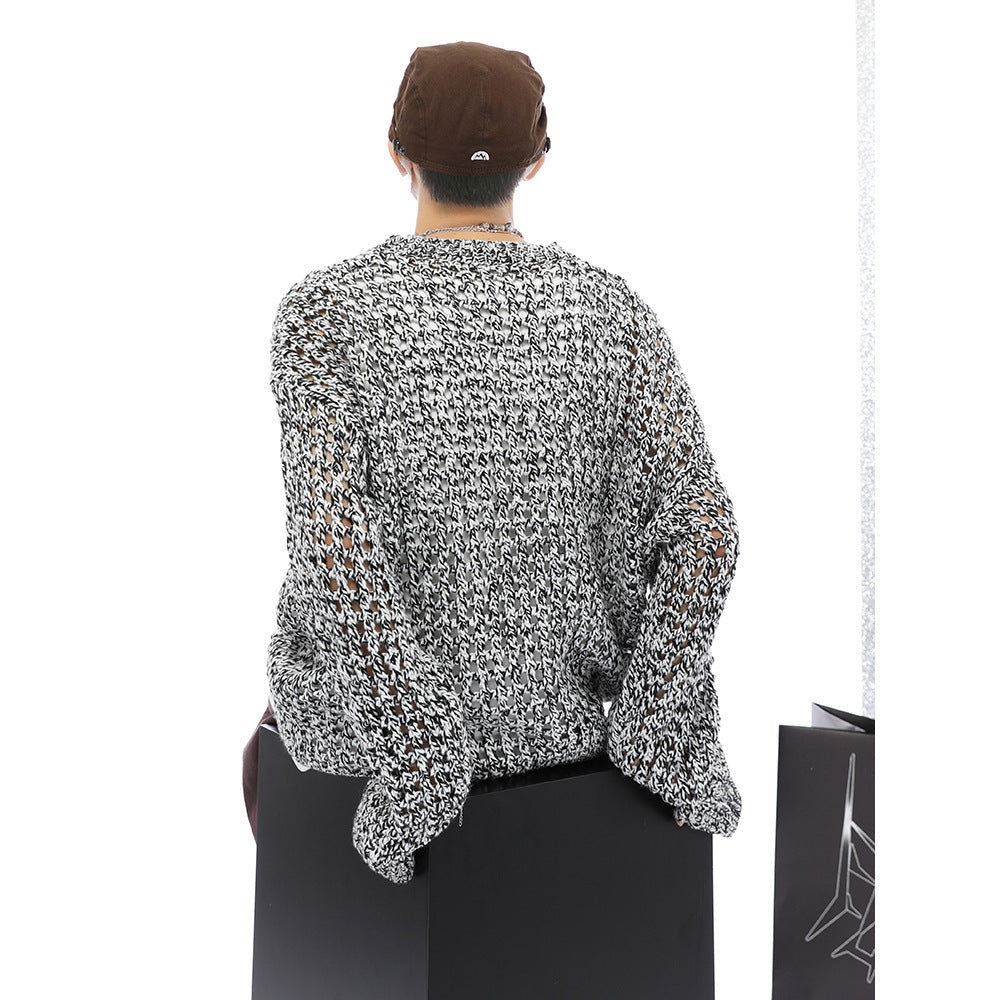 American Show Mixed Color Design Hollow Long Sleeve Sweater