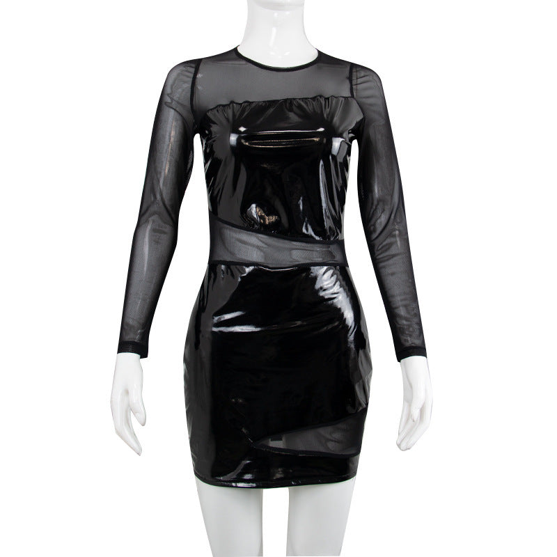 Mesh Panel PU Shiny Long Sleeve Wrap Dress