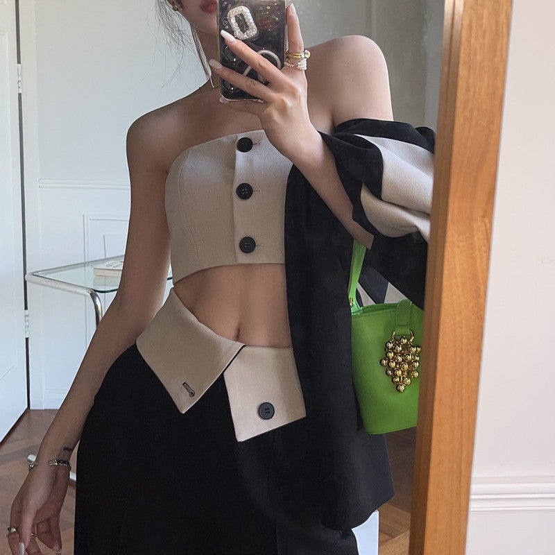 Women's Fashion Tube Top Contrast Color Long Sleeve Suit Wide Leg Pants Set