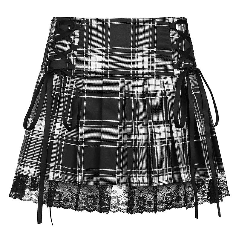 Sexy Lace Check Pleated Skirt
