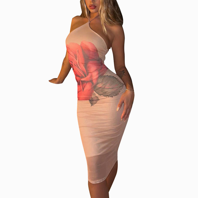 Slim-fit Halter Off-the-shoulder Floral Print Length Dress