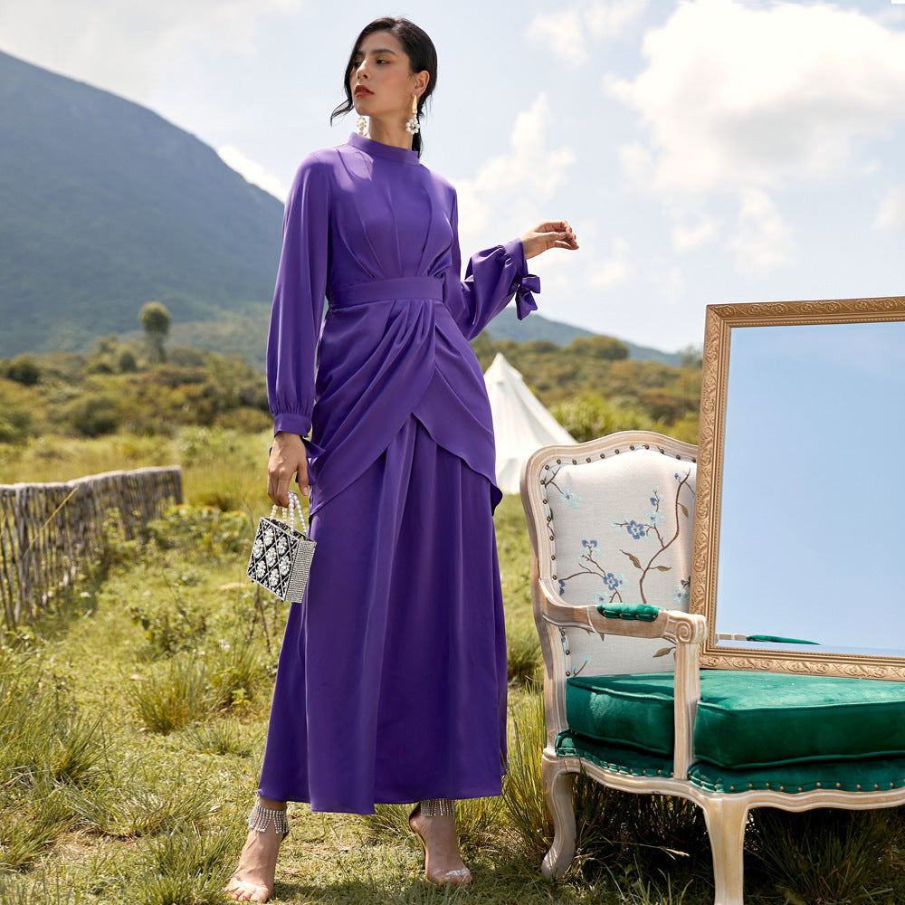 Women's Dress with Standing Collar and Long Sleeves