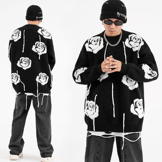 Pull col rond à franges en jacquard rose pour homme