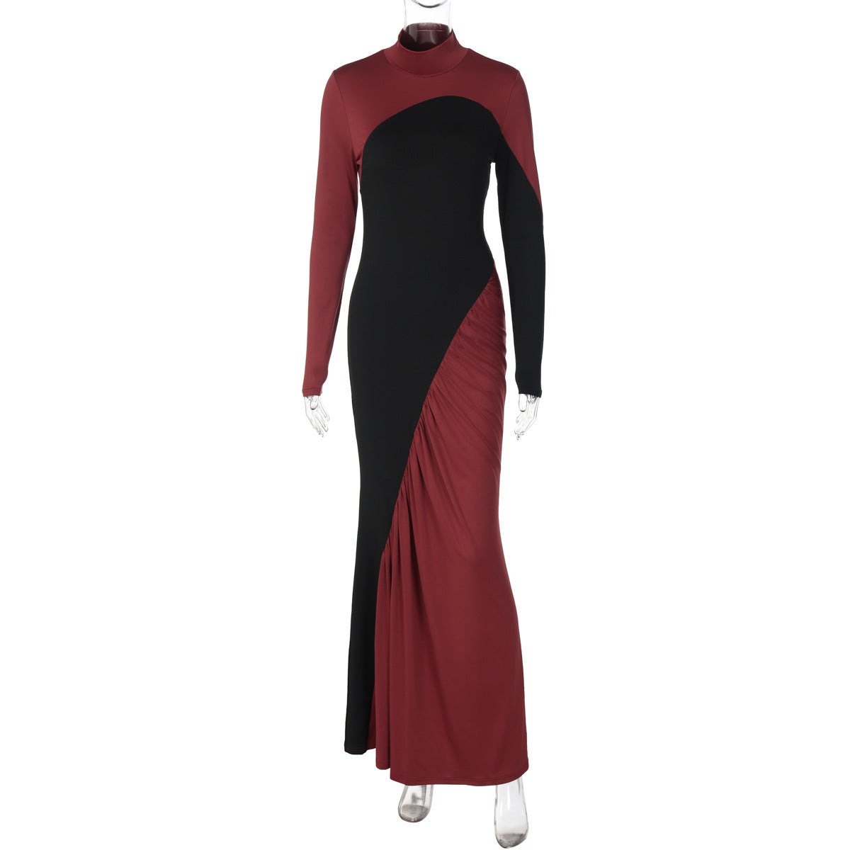 Fashionable Slim-fit Turtleneck Design Long Sleeve Contrasting-color Dress