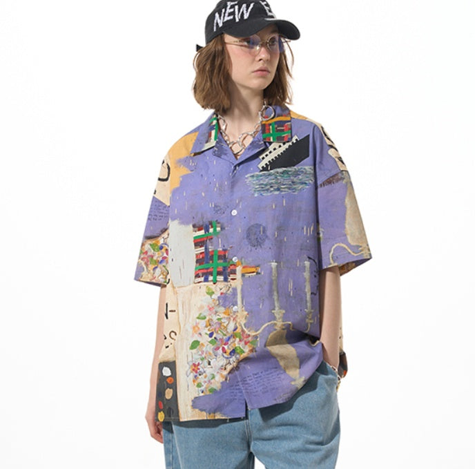 Chemise à manches courtes décontractée, ample, bleue et violette, tendance, assortie à tout