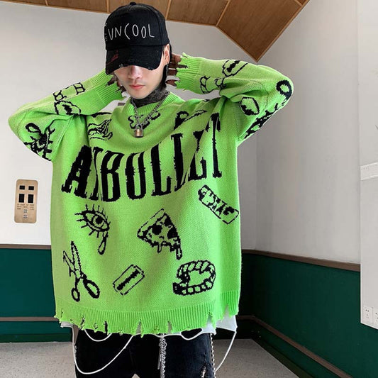 Hip Hop Letters Graffiti Jacquard Sweater Men's Tide