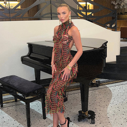 Robe pull sans manches à col rond et dos nu, style classique, couleur unie